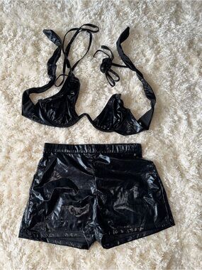 SHEIN Black Patent Vinyl Crop Bikini Top and Shorts Set